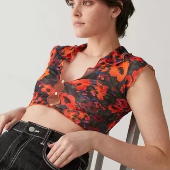 Urban Outfitters Open-Front Floral Mesh Top NWT - Picture 5 of 5